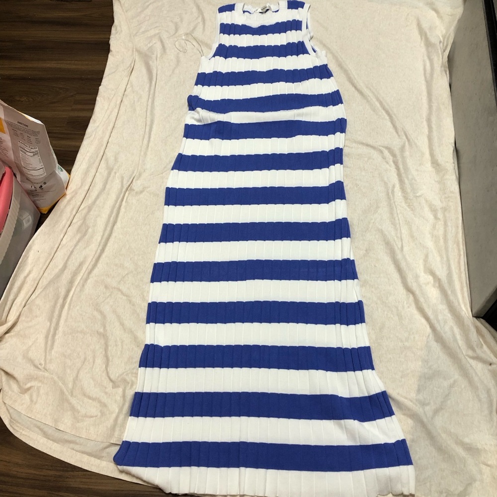 Lalavon Blue and White Sweater Maxi Dress 100% Cotton Size Medium Stripe Summer - Picture 2 of 8